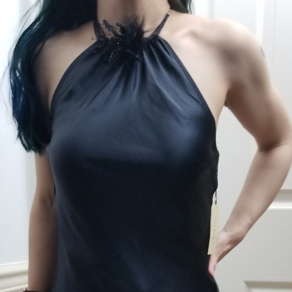 100% Silk Halter Top, built-in choker & brooch